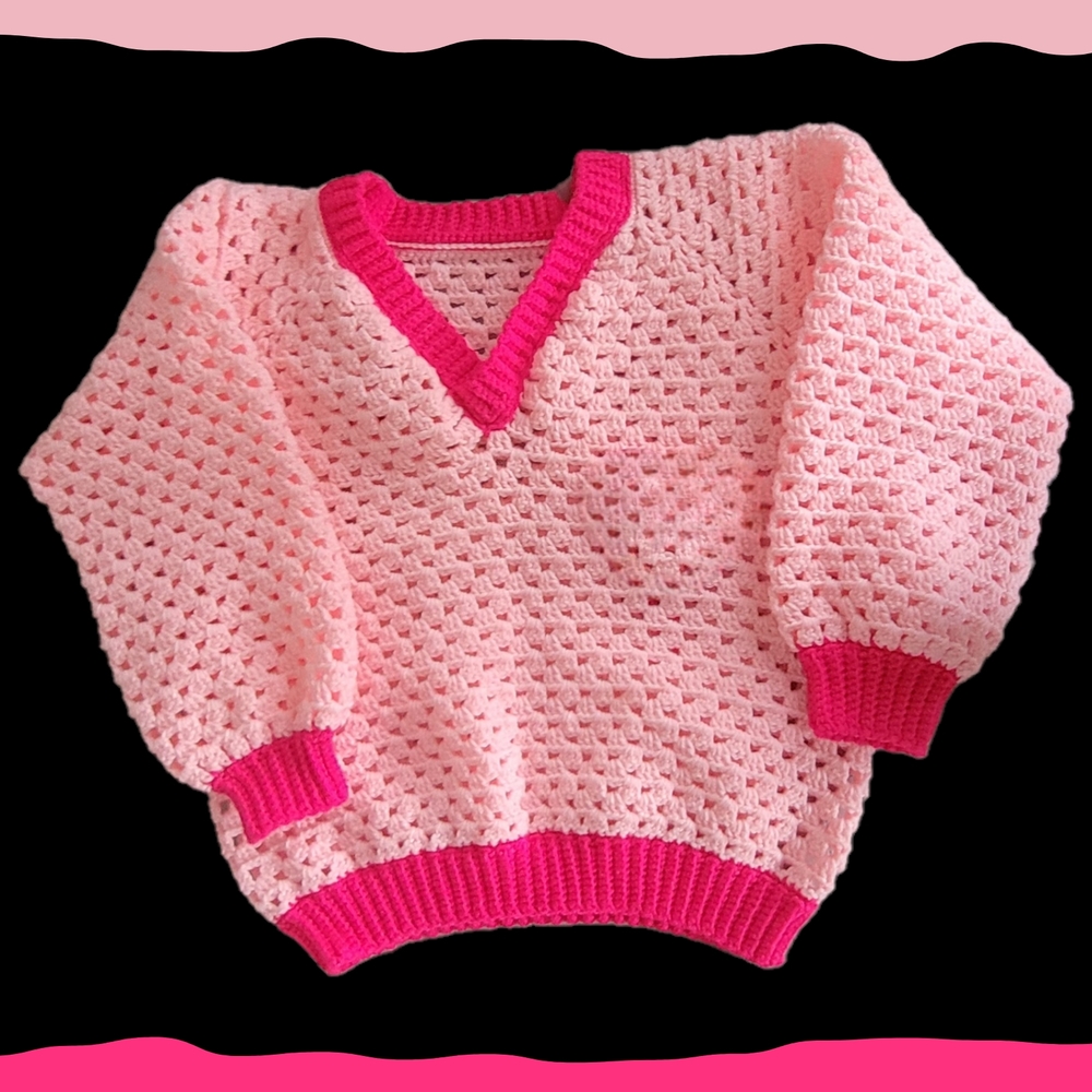 Hand made Pink V-Neck Sweater with Hot Pink Accents